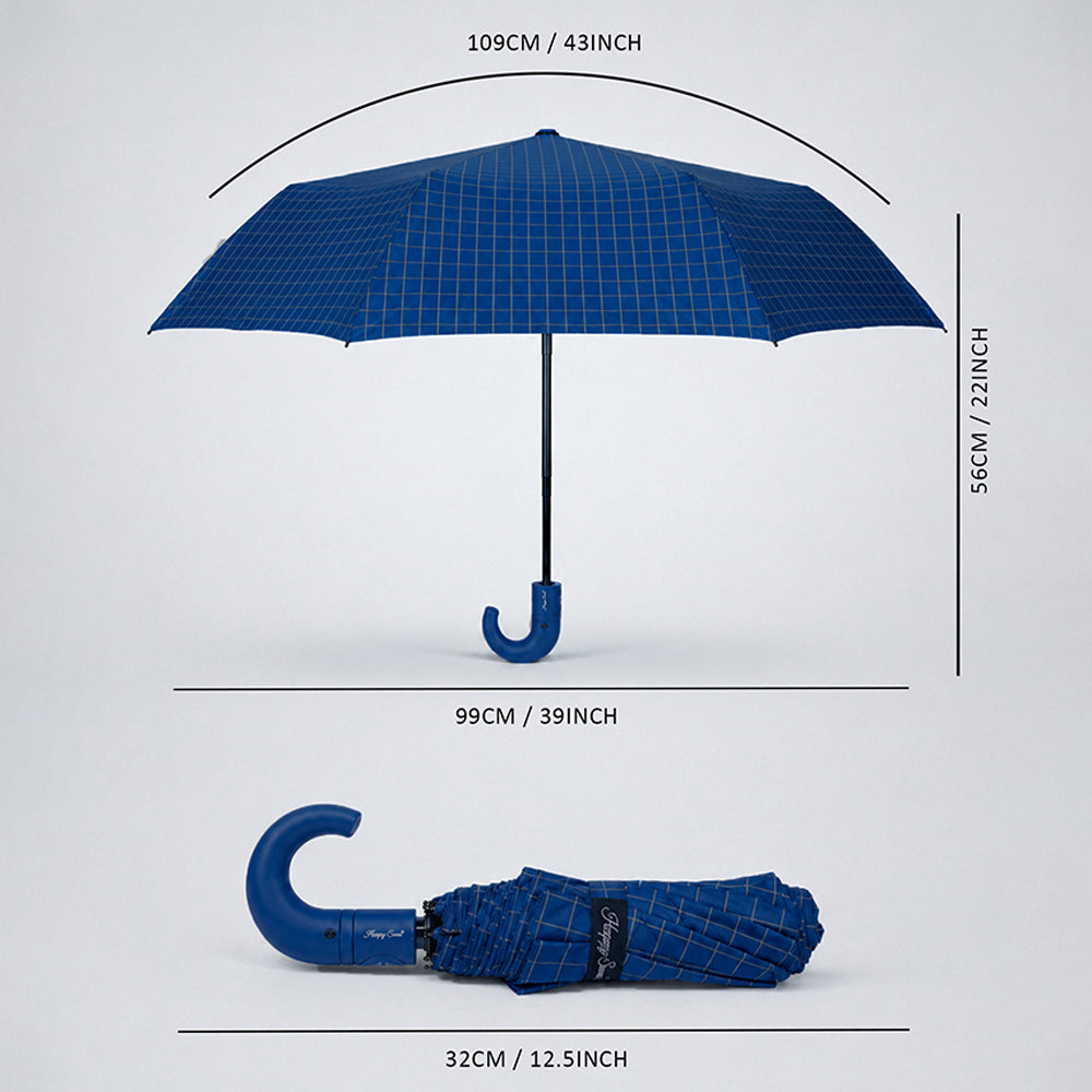 3 Fold Navy Blue Checkered Auto Open & Close Umbrella for Teens & Adults