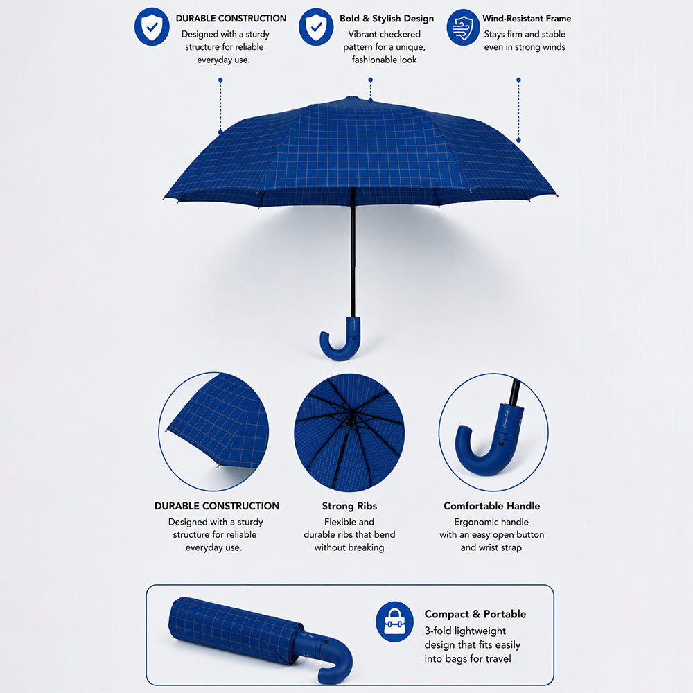 3 Fold Navy Blue Checkered Auto Open & Close Umbrella for Teens & Adults