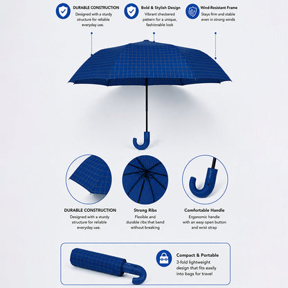 3 Fold Navy Blue Checkered Auto Open & Close Umbrella for Teens & Adults