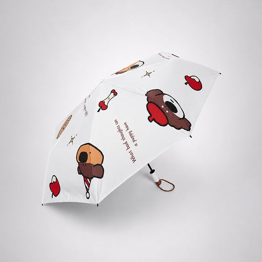 3 Fold White Puppy & Apple, Auto Open & Close Rain & Sun Dual Umbrella for Teens & Adults