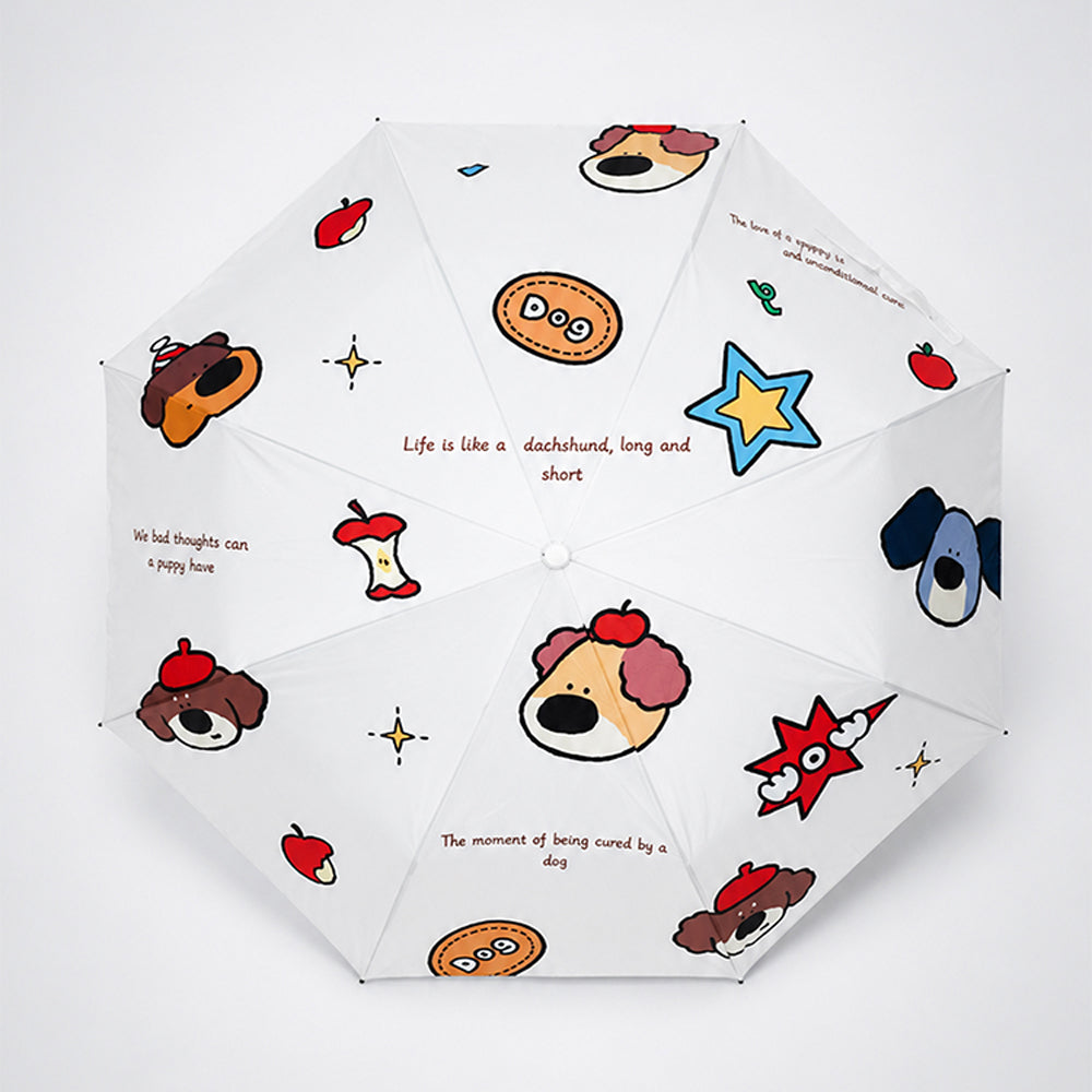 3 Fold White Puppy & Apple, Auto Open & Close Rain & Sun Dual Umbrella for Teens & Adults