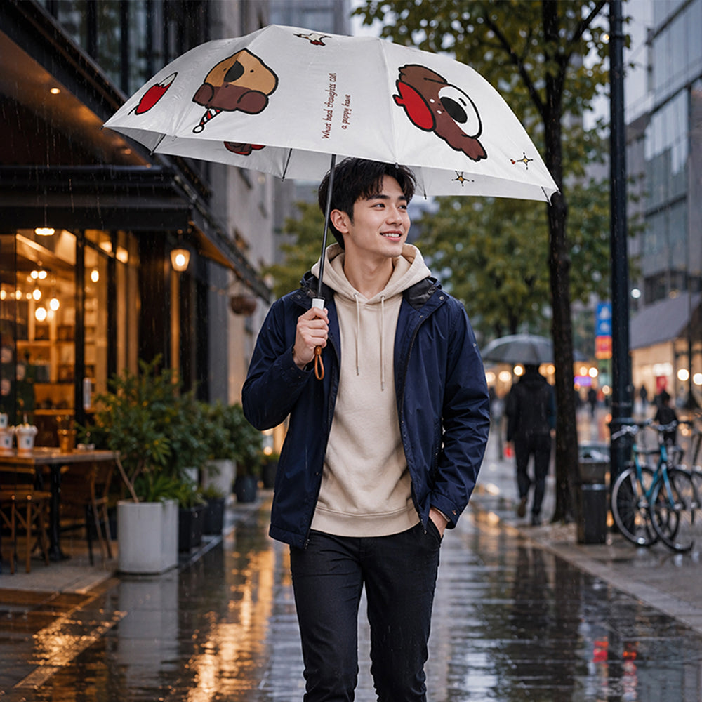 3 Fold White Puppy & Apple, Auto Open & Close Rain & Sun Dual Umbrella for Teens & Adults
