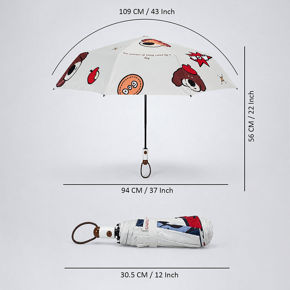 3 Fold White Puppy & Apple, Auto Open & Close Rain & Sun Dual Umbrella for Teens & Adults