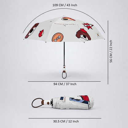3 Fold White Puppy & Apple, Auto Open & Close Rain & Sun Dual Umbrella for Teens & Adults