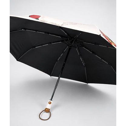 3 Fold White Puppy & Apple, Auto Open & Close Rain & Sun Dual Umbrella for Teens & Adults