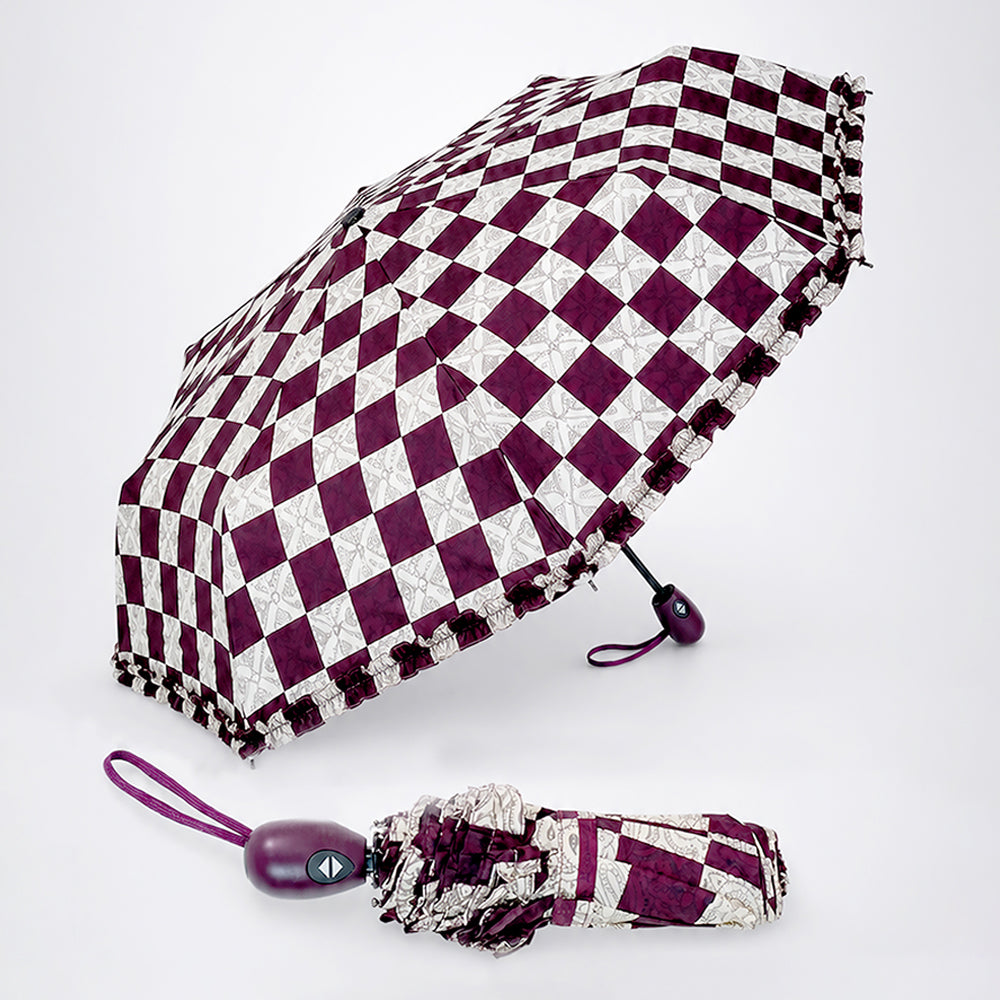 3fold Brown Frills and Checks Printed Umbrella for Teens & Adults