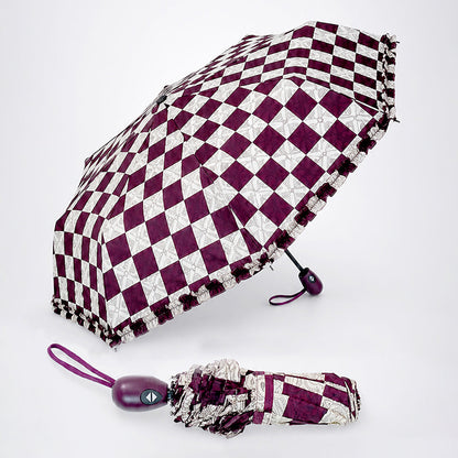 3fold Brown Frills and Checks Printed Umbrella for Teens & Adults
