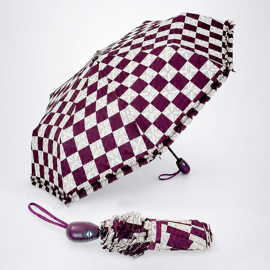 3fold Brown Frills and Checks Printed Umbrella for Teens & Adults
