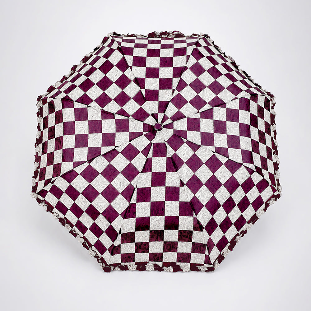 3fold Brown Frills and Checks Printed Umbrella for Teens & Adults