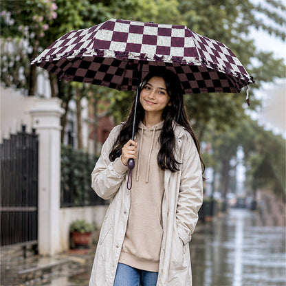 3fold Brown Frills and Checks Printed Umbrella for Teens & Adults
