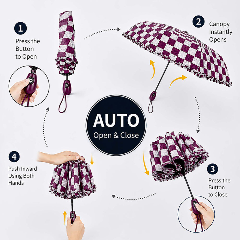 3fold Brown Frills and Checks Printed Umbrella for Teens & Adults