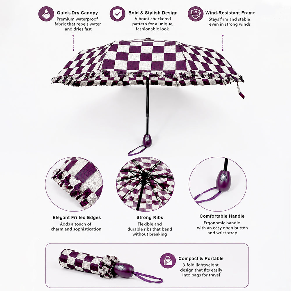 3fold Brown Frills and Checks Printed Umbrella for Teens & Adults
