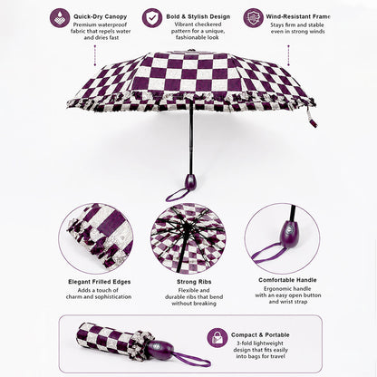 3fold Brown Frills and Checks Printed Umbrella for Teens & Adults