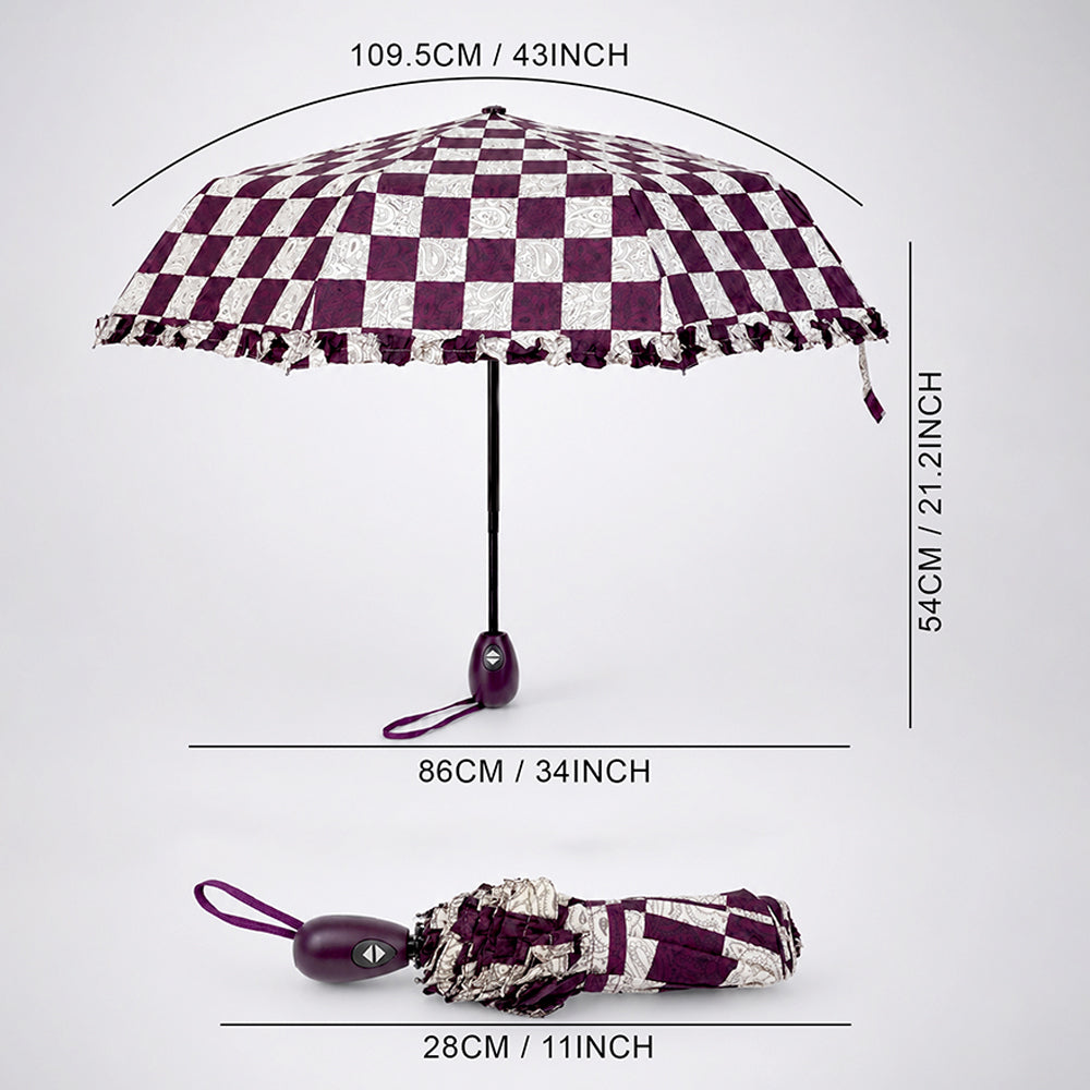 3fold Brown Frills and Checks Printed Umbrella for Teens & Adults