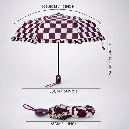 3fold Brown Frills and Checks Printed Umbrella for Teens & Adults
