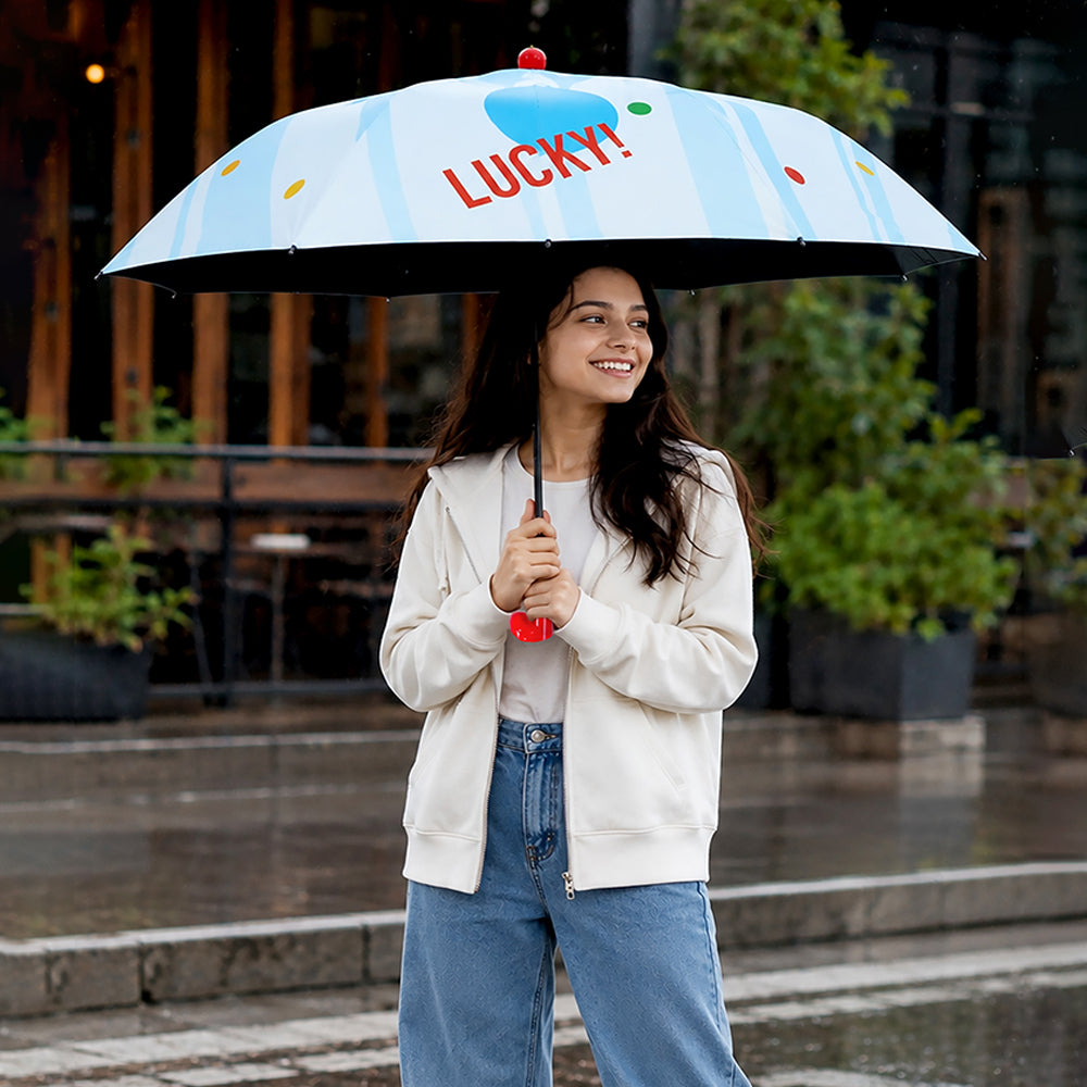 3 Fold Multi Polka with Red Boot Handle UPF 50+ Umbrella for Teens & Adults