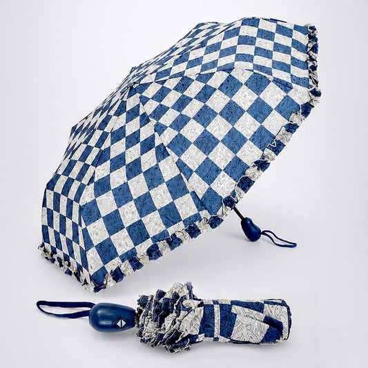 3fold Navy Frills and Checks Printed Umbrella for Teens & Adults