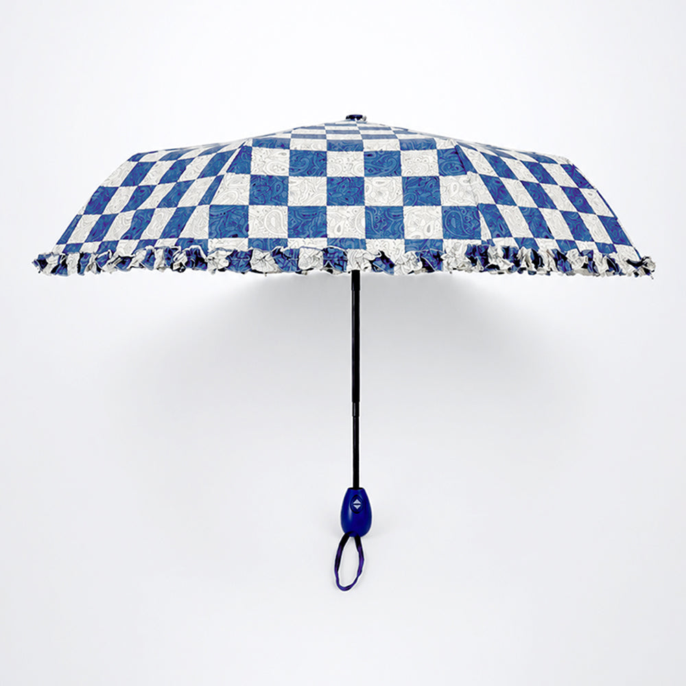 3fold Navy Frills and Checks Printed Umbrella for Teens & Adults