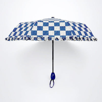 3fold Navy Frills and Checks Printed Umbrella for Teens & Adults