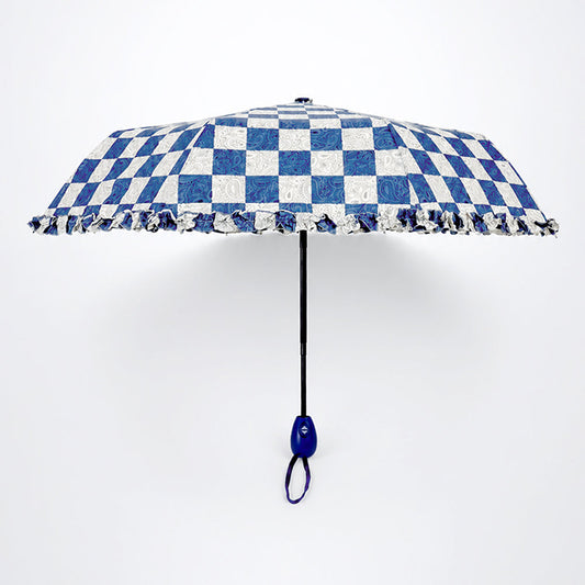 3fold Navy Frills and Checks Printed Umbrella for Teens & Adults