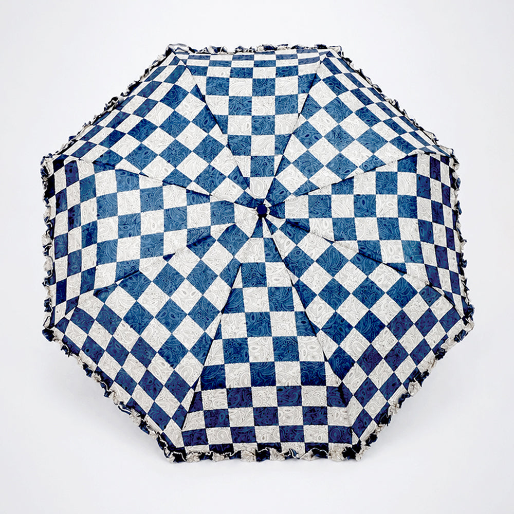 3fold Navy Frills and Checks Printed Umbrella for Teens & Adults