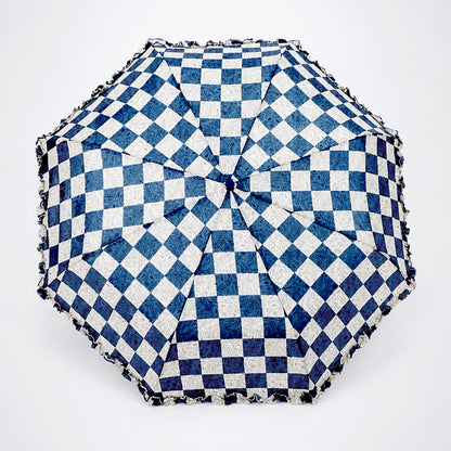 3fold Navy Frills and Checks Printed Umbrella for Teens & Adults
