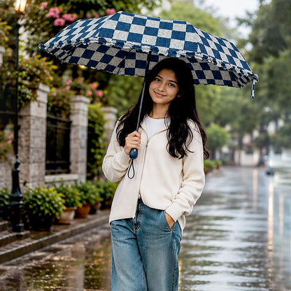 3fold Navy Frills and Checks Printed Umbrella for Teens & Adults