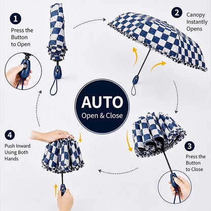 3fold Navy Frills and Checks Printed Umbrella for Teens & Adults