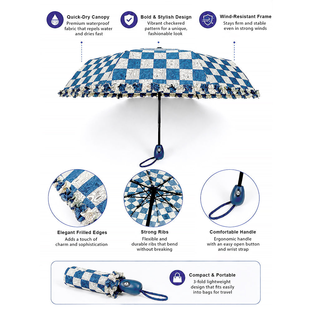 3fold Navy Frills and Checks Printed Umbrella for Teens & Adults