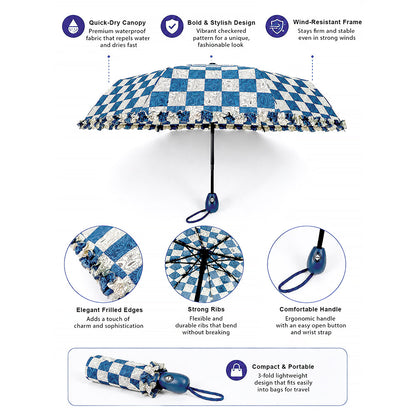 3fold Navy Frills and Checks Printed Umbrella for Teens & Adults