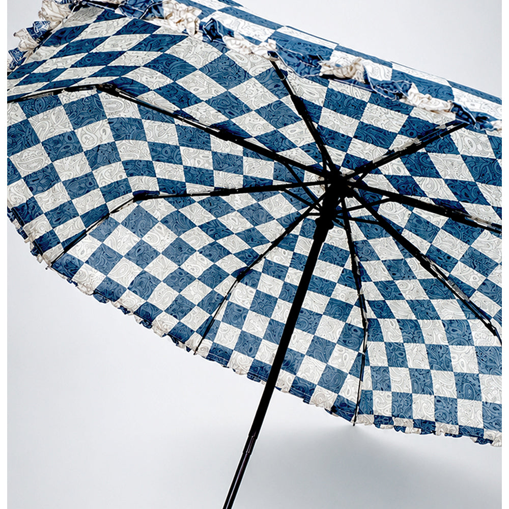3fold Navy Frills and Checks Printed Umbrella for Teens & Adults