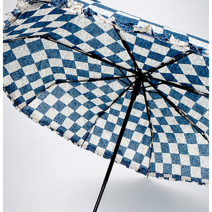 3fold Navy Frills and Checks Printed Umbrella for Teens & Adults