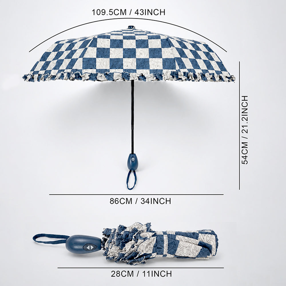 3fold Navy Frills and Checks Printed Umbrella for Teens & Adults