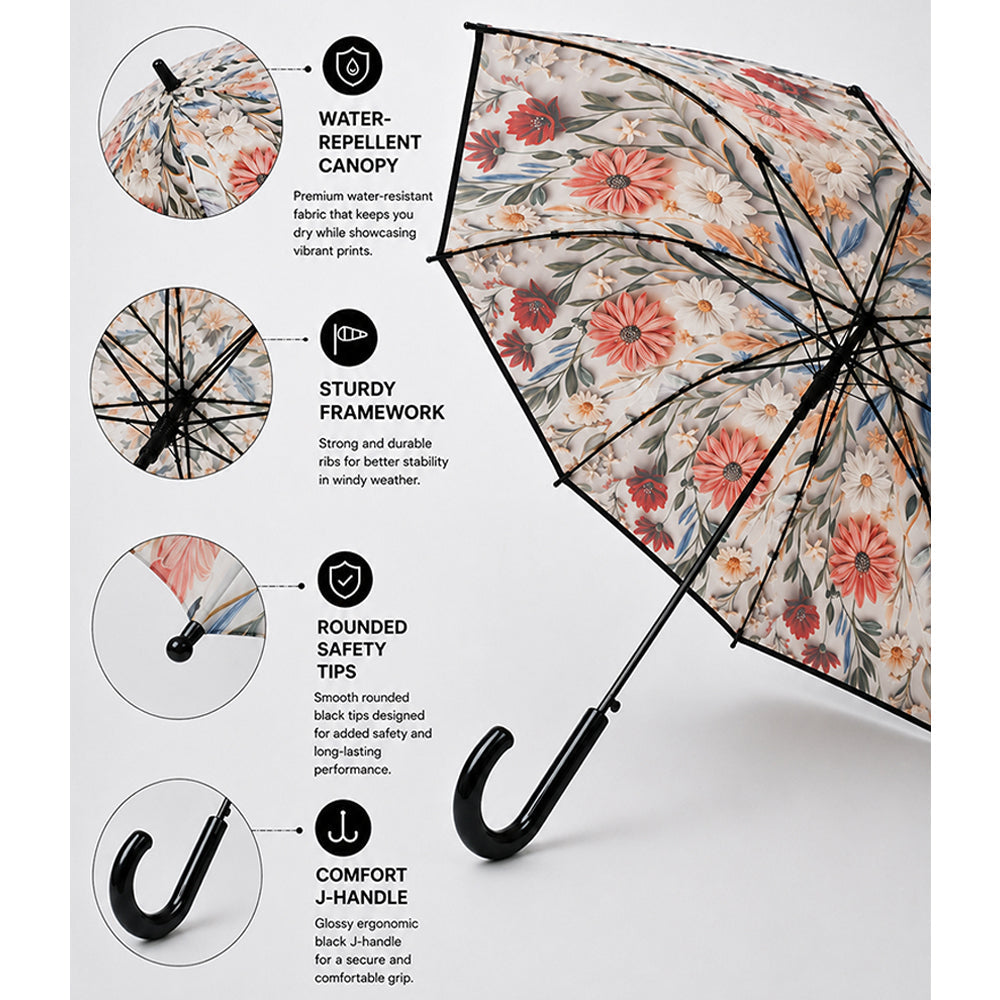 Black Floral Tile Print Umbrella for Teens & Adults
