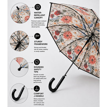 Black Floral Tile Print Umbrella for Teens & Adults