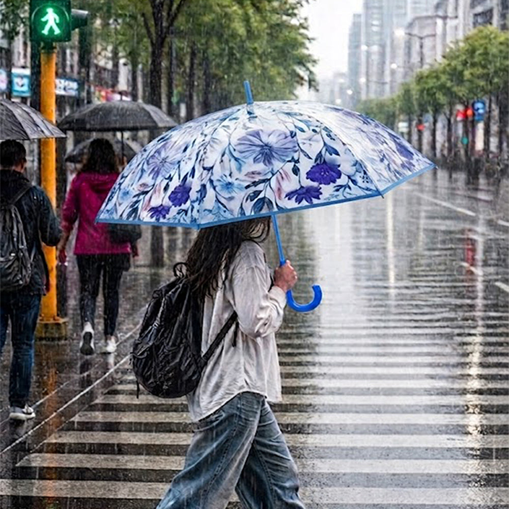 Blue Floral Tile Print Umbrella for Teens & Adults