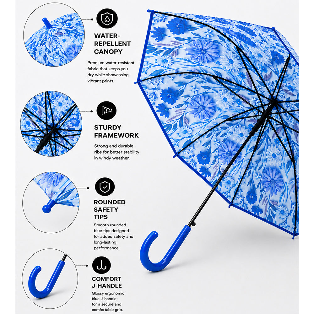 Blue Floral Tile Print Umbrella for Teens & Adults