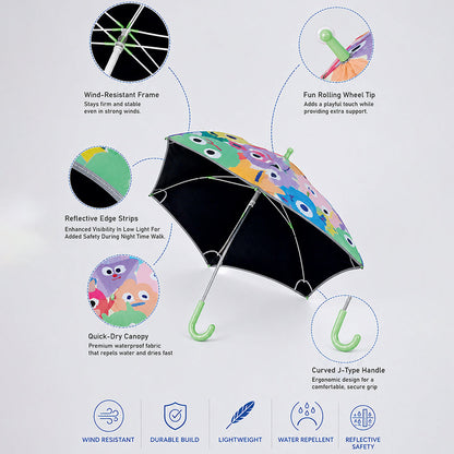 Wheel style Colorful Monster Printed UPF 50+ Kids-Umbrella-5-10Y