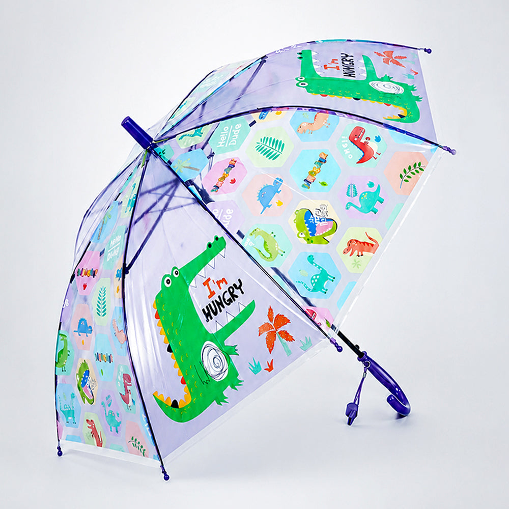 Transparent Croc Dino Panel Purple Handle Printed Umbrella for Kids-3-6Y