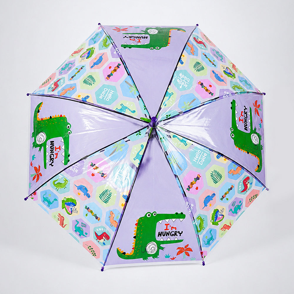 Transparent Croc Dino Panel Purple Handle Printed Umbrella for Kids-3-6Y