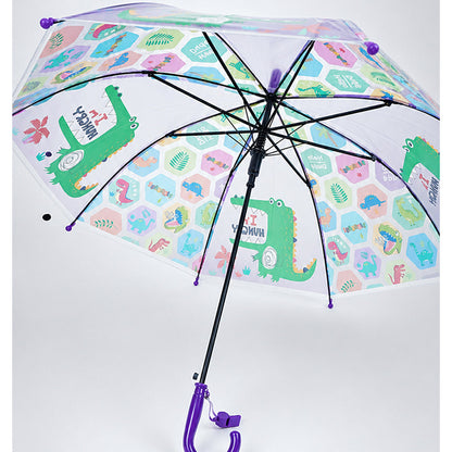 Transparent Croc Dino Panel Purple Handle Printed Umbrella for Kids-3-6Y