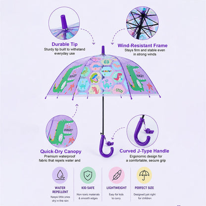 Transparent Croc Dino Panel Purple Handle Printed Umbrella for Kids-3-6Y