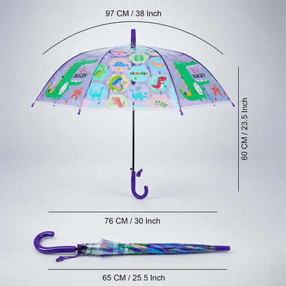 Transparent Croc Dino Panel Purple Handle Printed Umbrella for Kids-3-6Y