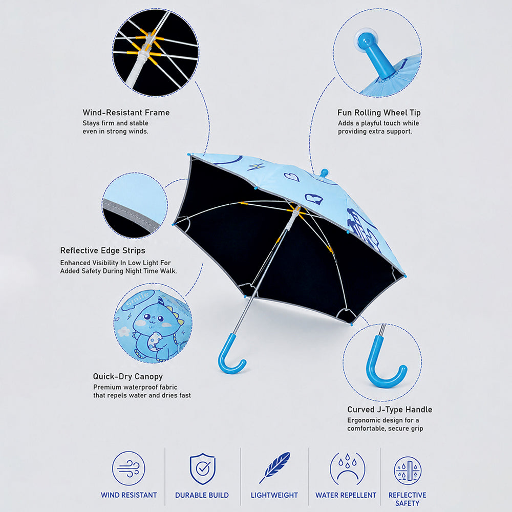 Wheel style Blue Cute Dino Printed UPF 50+ Kids-Umbrella-5-10Y
