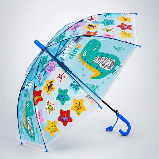 Transparent Little Dino Panel Blue Handle Printed Umbrella for Kids-3-6Y