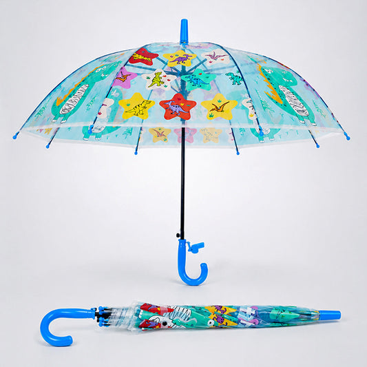 Transparent Little Dino Panel Blue Handle Printed Umbrella for Kids-3-6Y