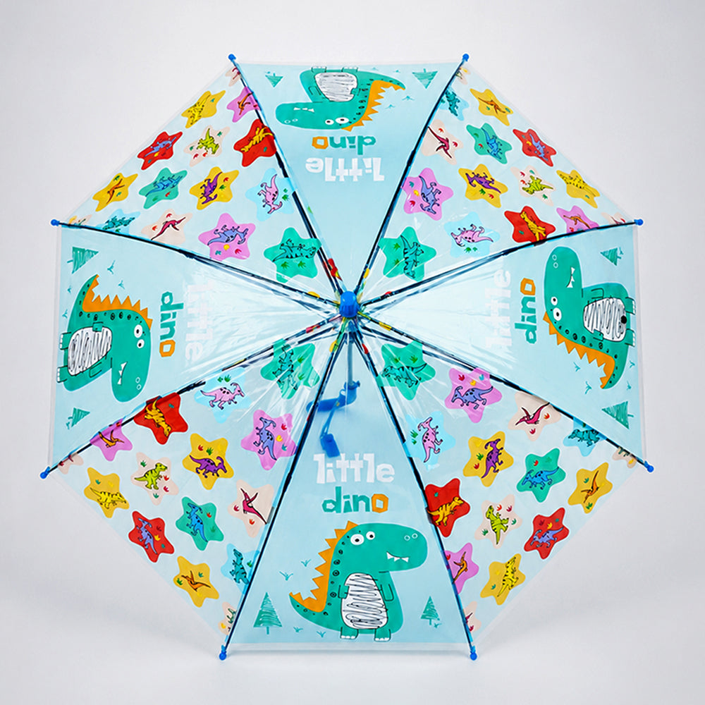 Transparent Little Dino Panel Blue Handle Printed Umbrella for Kids-3-6Y