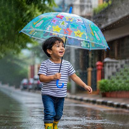 Transparent Little Dino Panel Blue Handle Printed Umbrella for Kids-3-6Y