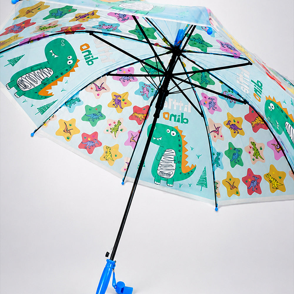 Transparent Little Dino Panel Blue Handle Printed Umbrella for Kids-3-6Y