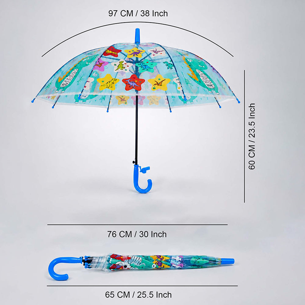 Transparent Little Dino Panel Blue Handle Printed Umbrella for Kids-3-6Y
